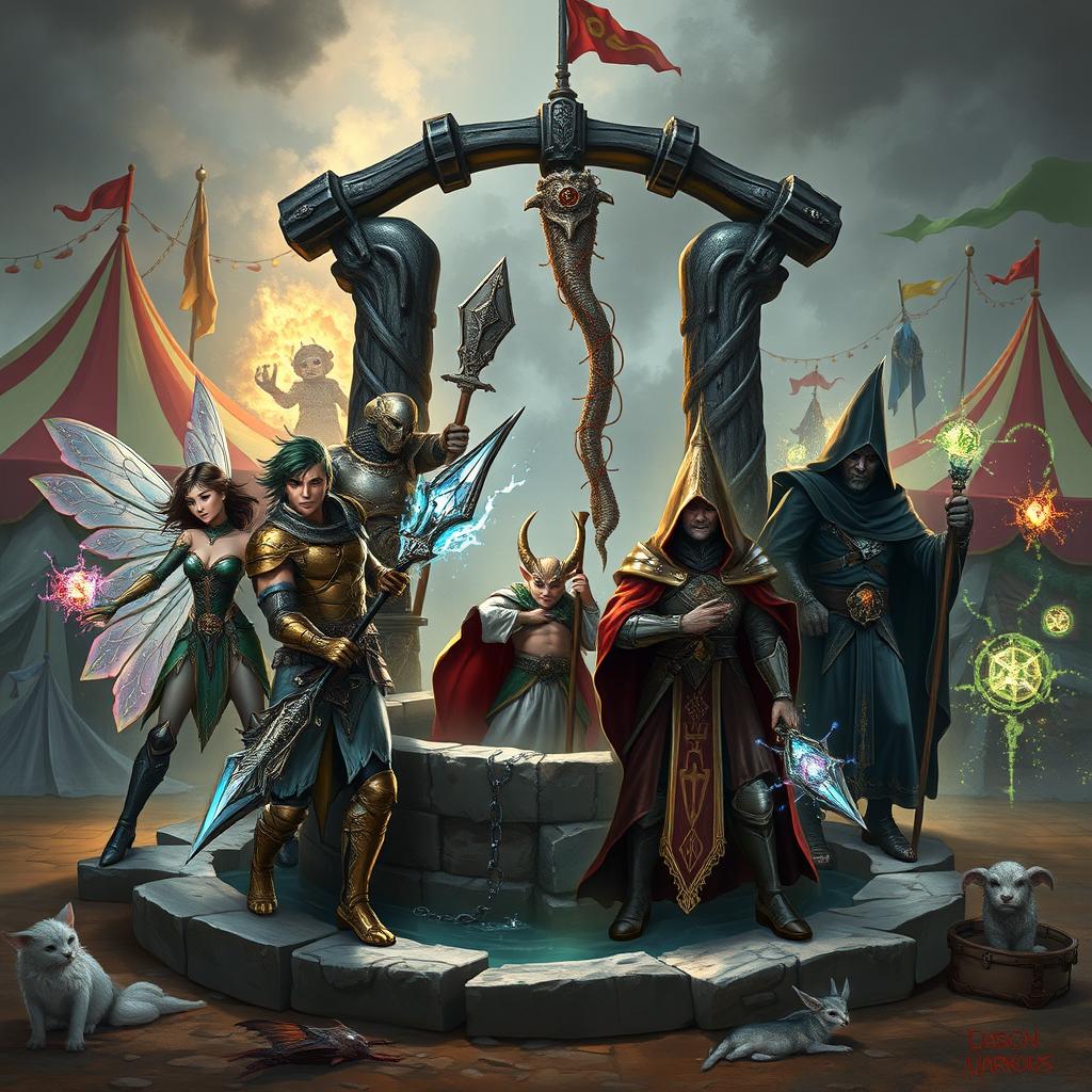 A dynamic scene showcasing a male teenage fairy sorcerer casting spells, next to a warforged ranger equipped with a bow and nature-themed armor, alongside a towering loxodon cleric holding a staff adorned with celestial symbols