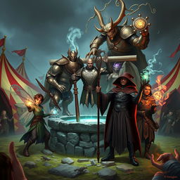 A dynamic scene showcasing a male teenage fairy sorcerer casting spells, next to a warforged ranger equipped with a bow and nature-themed armor, alongside a towering loxodon cleric holding a staff adorned with celestial symbols