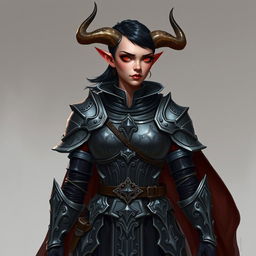 A female tiefling paladin stands heroically in ornate yet practical gray metal armor, designed to offer protection while allowing freedom of movement