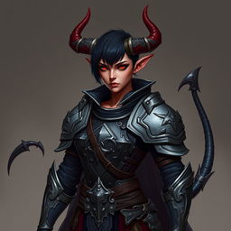 A female tiefling paladin stands heroically in ornate yet practical gray metal armor, designed to offer protection while allowing freedom of movement