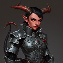 A female tiefling paladin stands heroically in ornate yet practical gray metal armor, designed to offer protection while allowing freedom of movement