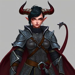 A female tiefling paladin stands heroically in ornate yet practical gray metal armor, designed to offer protection while allowing freedom of movement