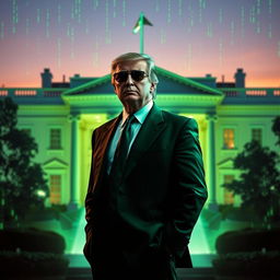 An imaginative digital artwork depicting Donald Trump in a bold green suit inspired by the Matrix aesthetic, standing elegantly in front of the White House