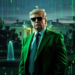 An imaginative digital artwork depicting Donald Trump in a bold green suit inspired by the Matrix aesthetic, standing elegantly in front of the White House