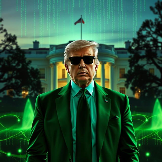 An imaginative digital artwork depicting Donald Trump in a bold green suit inspired by the Matrix aesthetic, standing elegantly in front of the White House