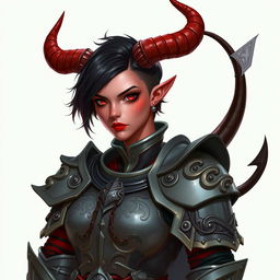 A female tiefling paladin exhibits a strong presence, wearing ornate yet functional armor crafted from gray metal