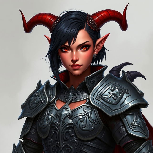 A female tiefling paladin exhibits a strong presence, wearing ornate yet functional armor crafted from gray metal