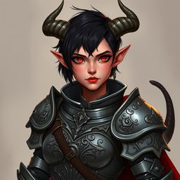 A female tiefling paladin exhibits a strong presence, wearing ornate yet functional armor crafted from gray metal