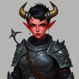 A female tiefling paladin exhibits a strong presence, wearing ornate yet functional armor crafted from gray metal