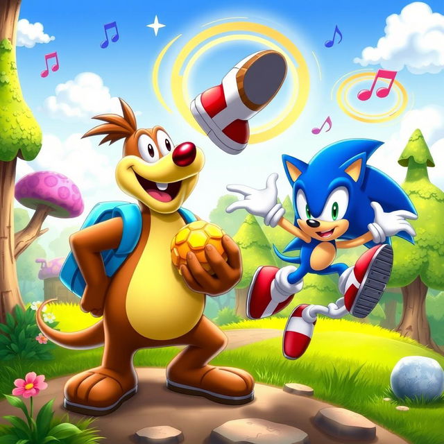 A vibrant crossover scene featuring Banjo the bear, wearing his signature blue backpack and smiling, alongside Sonic the Hedgehog, who is striking a dynamic pose with his iconic red shoes