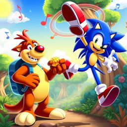 A vibrant crossover scene featuring Banjo the bear, wearing his signature blue backpack and smiling, alongside Sonic the Hedgehog, who is striking a dynamic pose with his iconic red shoes