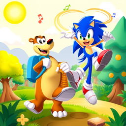 A vibrant crossover scene featuring Banjo the bear, wearing his signature blue backpack and smiling, alongside Sonic the Hedgehog, who is striking a dynamic pose with his iconic red shoes