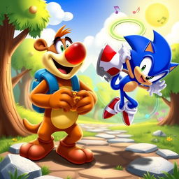 A vibrant crossover scene featuring Banjo the bear, wearing his signature blue backpack and smiling, alongside Sonic the Hedgehog, who is striking a dynamic pose with his iconic red shoes