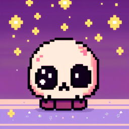 Pixel art profile picture featuring a cute skull with large, twinkling eyes and a gentle smile against a pastel gradient background with tiny pixel stars