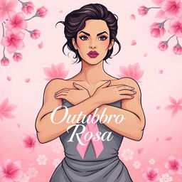 A powerful and artistic illustration for a breast cancer awareness campaign, featuring a strong woman elegantly covering her breasts with her arms