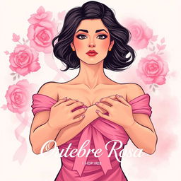 A powerful and artistic illustration for a breast cancer awareness campaign, featuring a strong woman elegantly covering her breasts with her arms