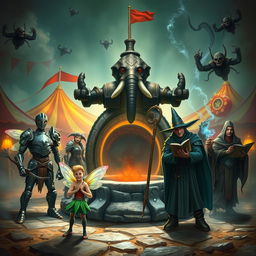 A captivating fantasy scene featuring a tiny male teenage fairy sorcerer with iridescent wings and a mischievous grin, standing confidently in front of an eerie well