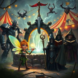 A captivating fantasy scene featuring a tiny male teenage fairy sorcerer with iridescent wings and a mischievous grin, standing confidently in front of an eerie well