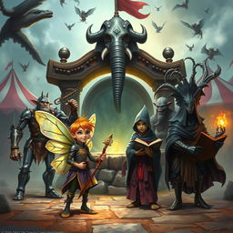 A captivating fantasy scene featuring a tiny male teenage fairy sorcerer with iridescent wings and a mischievous grin, standing confidently in front of an eerie well