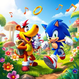 A lively and colorful scene featuring Banjo-Kazooie, the bear and bird duo, with Banjo carrying Kazooie in his backpack