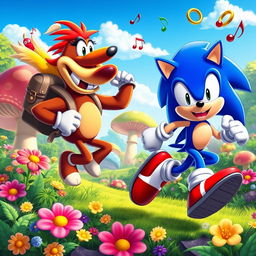 A lively and colorful scene featuring Banjo-Kazooie, the bear and bird duo, with Banjo carrying Kazooie in his backpack
