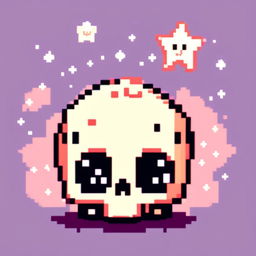 Pixel art profile picture featuring a cute skull with large, twinkling eyes and a gentle smile against a pastel gradient background with tiny pixel stars