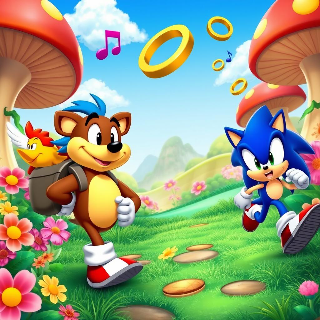 A lively and colorful scene featuring Banjo-Kazooie, the bear and bird duo, with Banjo carrying Kazooie in his backpack