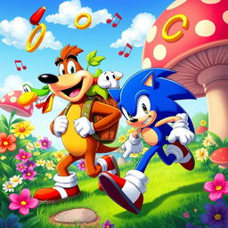 A lively and colorful scene featuring Banjo-Kazooie, the bear and bird duo, with Banjo carrying Kazooie in his backpack