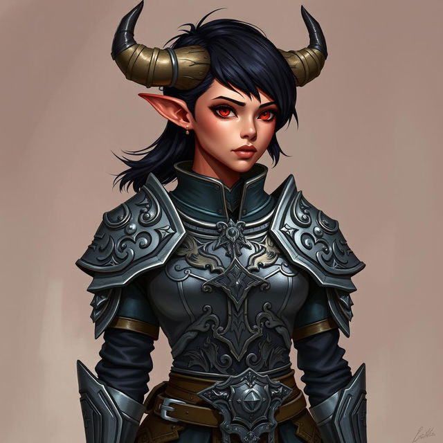 A female tiefling paladin stands proudly in ornate yet practical armor made of gray metal, designed to provide both protection and agility