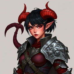 A female tiefling paladin stands proudly in ornate yet practical armor made of gray metal, designed to provide both protection and agility