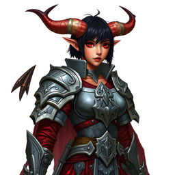 A female tiefling paladin stands proudly in ornate yet practical armor made of gray metal, designed to provide both protection and agility