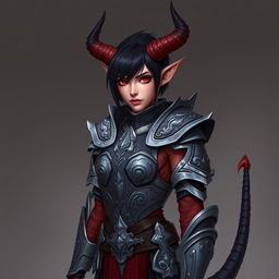 A female tiefling paladin stands tall in ornate yet practical gray metal armor, designed to provide both style and flexibility