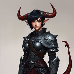 A female tiefling paladin stands tall in ornate yet practical gray metal armor, designed to provide both style and flexibility