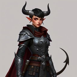 A female tiefling paladin stands tall in ornate yet practical gray metal armor, designed to provide both style and flexibility