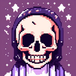 Pixel art profile picture featuring a detailed skull against a dark, starry background.