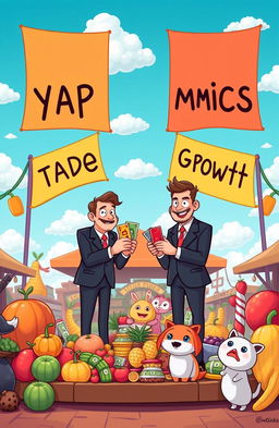 A whimsical presentation of 'yaponomics', depicting a vibrant and playful economy driven by cute, animated creatures called 'yaponomists'