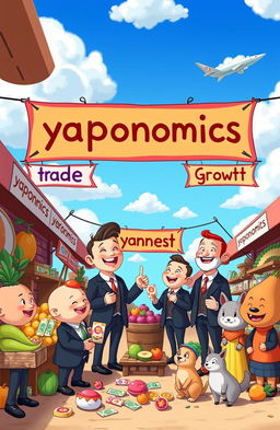 A whimsical presentation of 'yaponomics', depicting a vibrant and playful economy driven by cute, animated creatures called 'yaponomists'