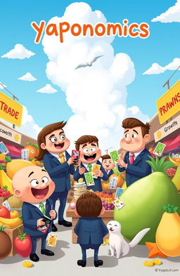 A whimsical presentation of 'yaponomics', depicting a vibrant and playful economy driven by cute, animated creatures called 'yaponomists'