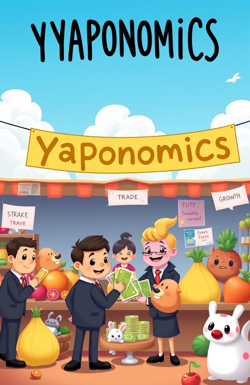 A whimsical presentation of 'yaponomics', depicting a vibrant and playful economy driven by cute, animated creatures called 'yaponomists'