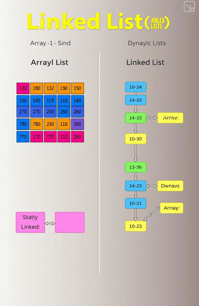 A detailed educational illustration comparing linked lists and arrays