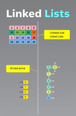 A detailed educational illustration comparing linked lists and arrays