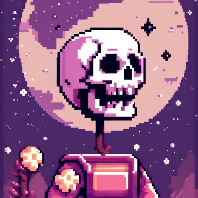 Pixel art profile picture featuring a detailed skull against a dark, starry background.