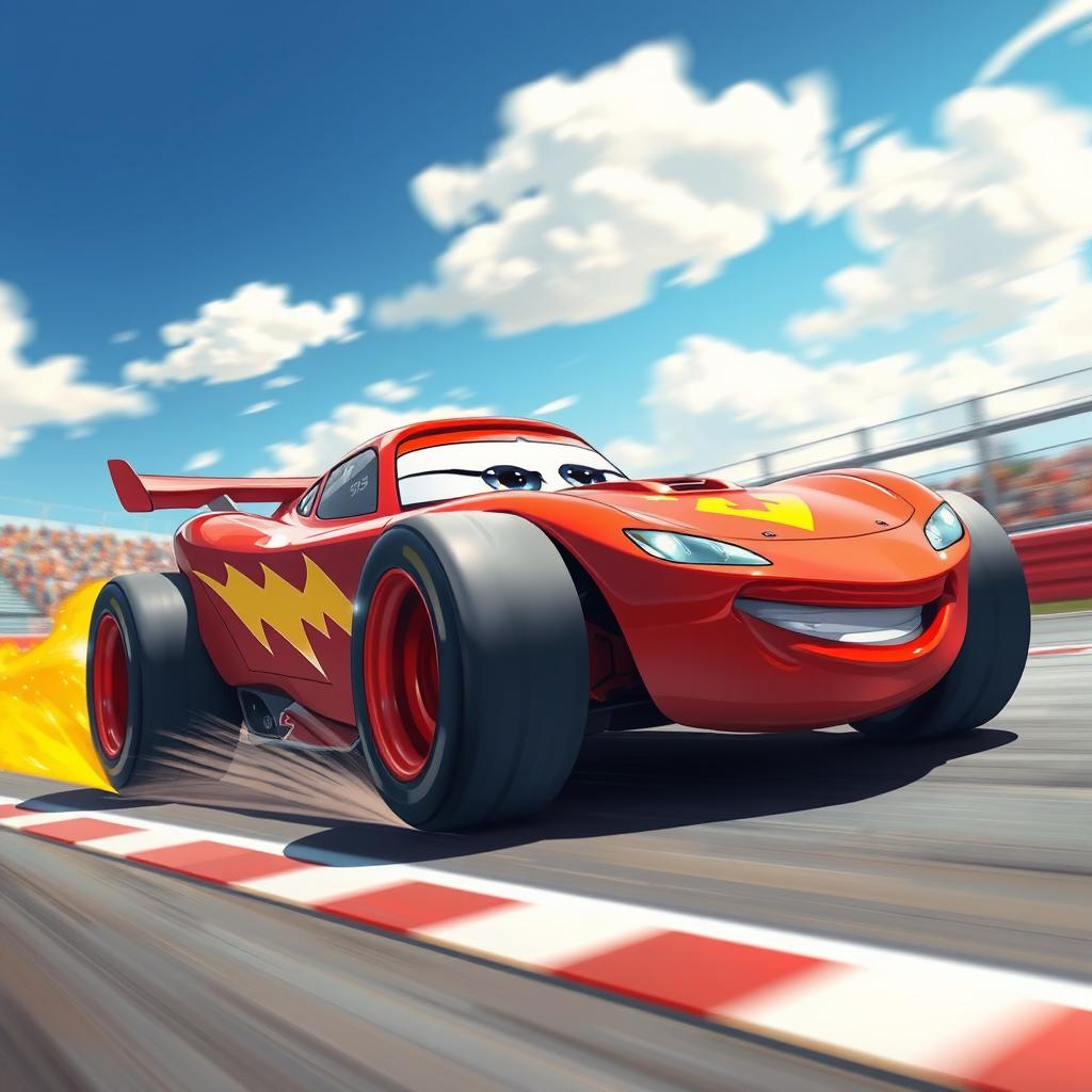 A dynamic and vibrant illustration of a futuristic race car inspired by 'McQueen 95', featuring a sleek, aerodynamic design, bright red body with lightning bolt graphics, and oversized wheels