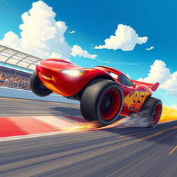 A dynamic and vibrant illustration of a futuristic race car inspired by 'McQueen 95', featuring a sleek, aerodynamic design, bright red body with lightning bolt graphics, and oversized wheels
