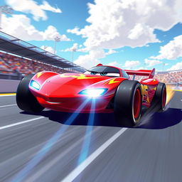 A dynamic and vibrant illustration of a futuristic race car inspired by 'McQueen 95', featuring a sleek, aerodynamic design, bright red body with lightning bolt graphics, and oversized wheels