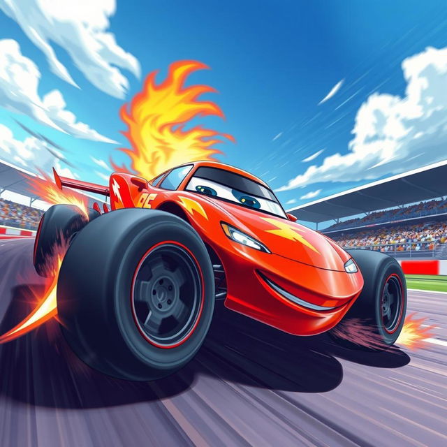 A dynamic and vibrant illustration of a futuristic race car inspired by 'McQueen 95', featuring a sleek, aerodynamic design, bright red body with lightning bolt graphics, and oversized wheels