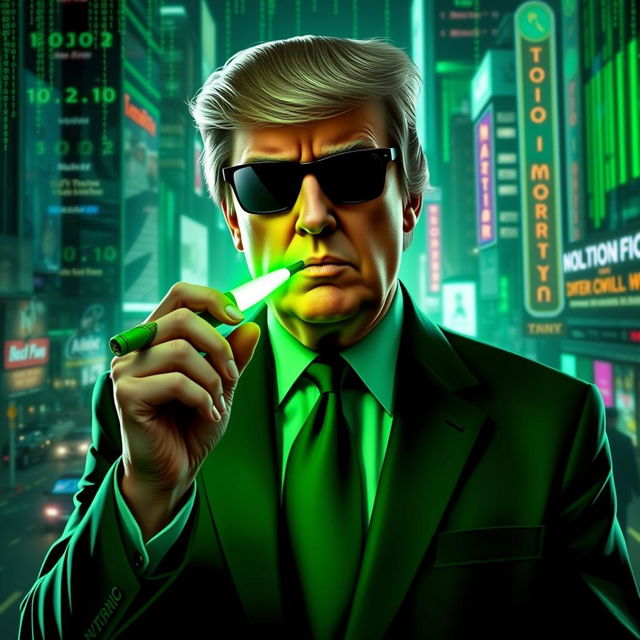 An intriguing digital artwork featuring Donald Trump in a stylized green suit inspired by the Matrix aesthetic, holding a vibrant green cigar