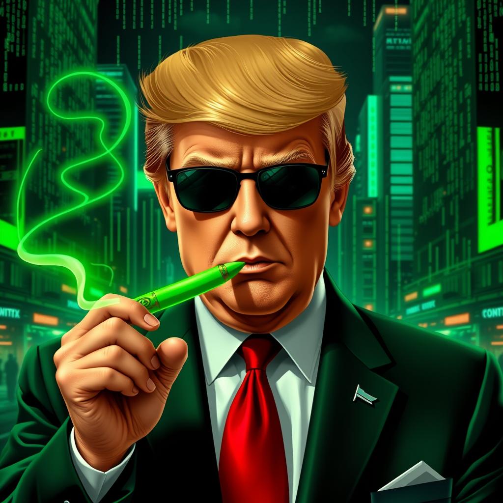 An intriguing digital artwork featuring Donald Trump in a stylized green suit inspired by the Matrix aesthetic, holding a vibrant green cigar