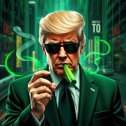 An intriguing digital artwork featuring Donald Trump in a stylized green suit inspired by the Matrix aesthetic, holding a vibrant green cigar