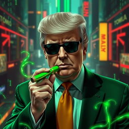 An intriguing digital artwork featuring Donald Trump in a stylized green suit inspired by the Matrix aesthetic, holding a vibrant green cigar